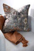 Load image into Gallery viewer, Distressed Vintage Cezanne Rabbit Gray Inca Gold Pillow on sofa
